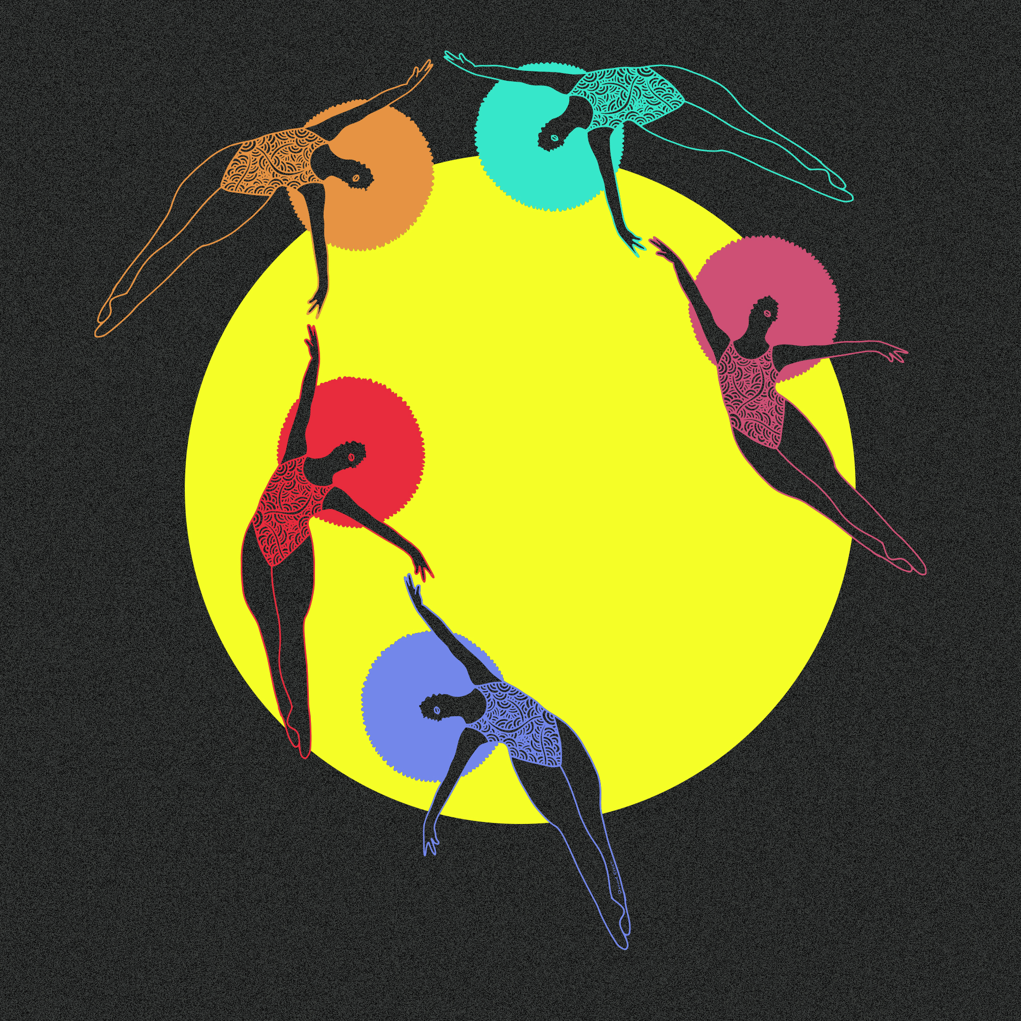 illustration of 5 black woman with afro hair dancing