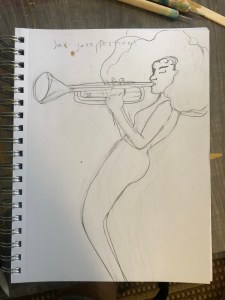 drawing of a woman playing the trumpet