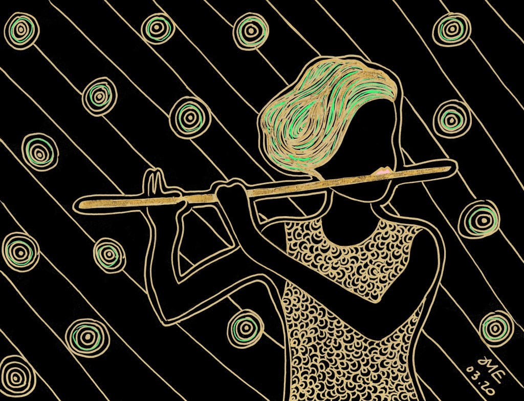 flutist anne drummond illustration in black and gold
