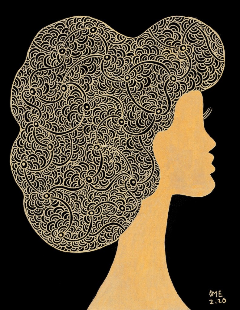 illustration in black and fold of lady with stylized hair