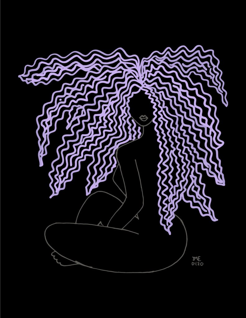 illustration of woman seating with purple long textured hair