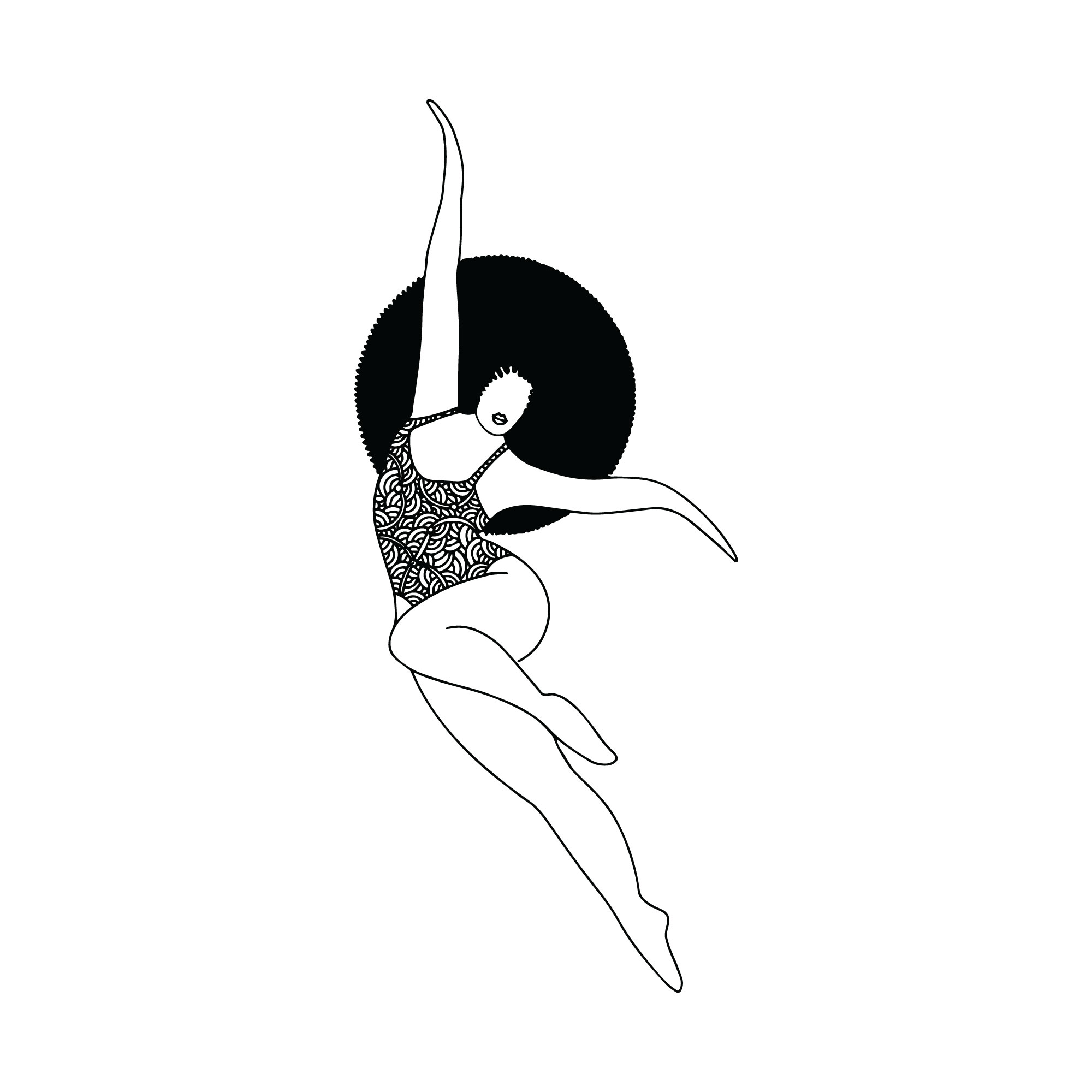 black and white illustration of a black woman with an afro hair dancing