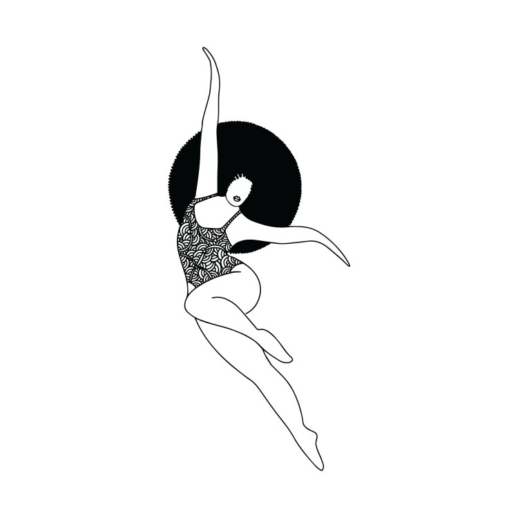 black and white illustration of a black woman with an afro hair dancing