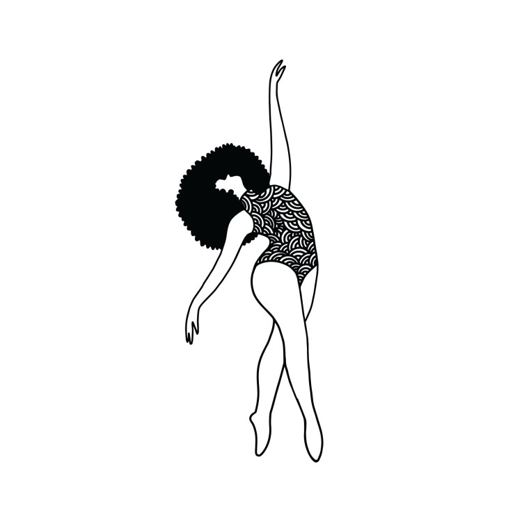 black and white illustration of a black woman with an afro hair dancing