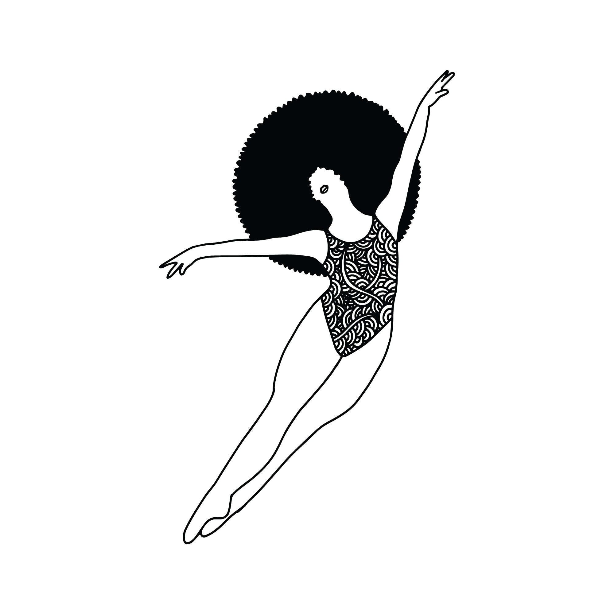 black and white illustration of a black woman with an afro hair dancing