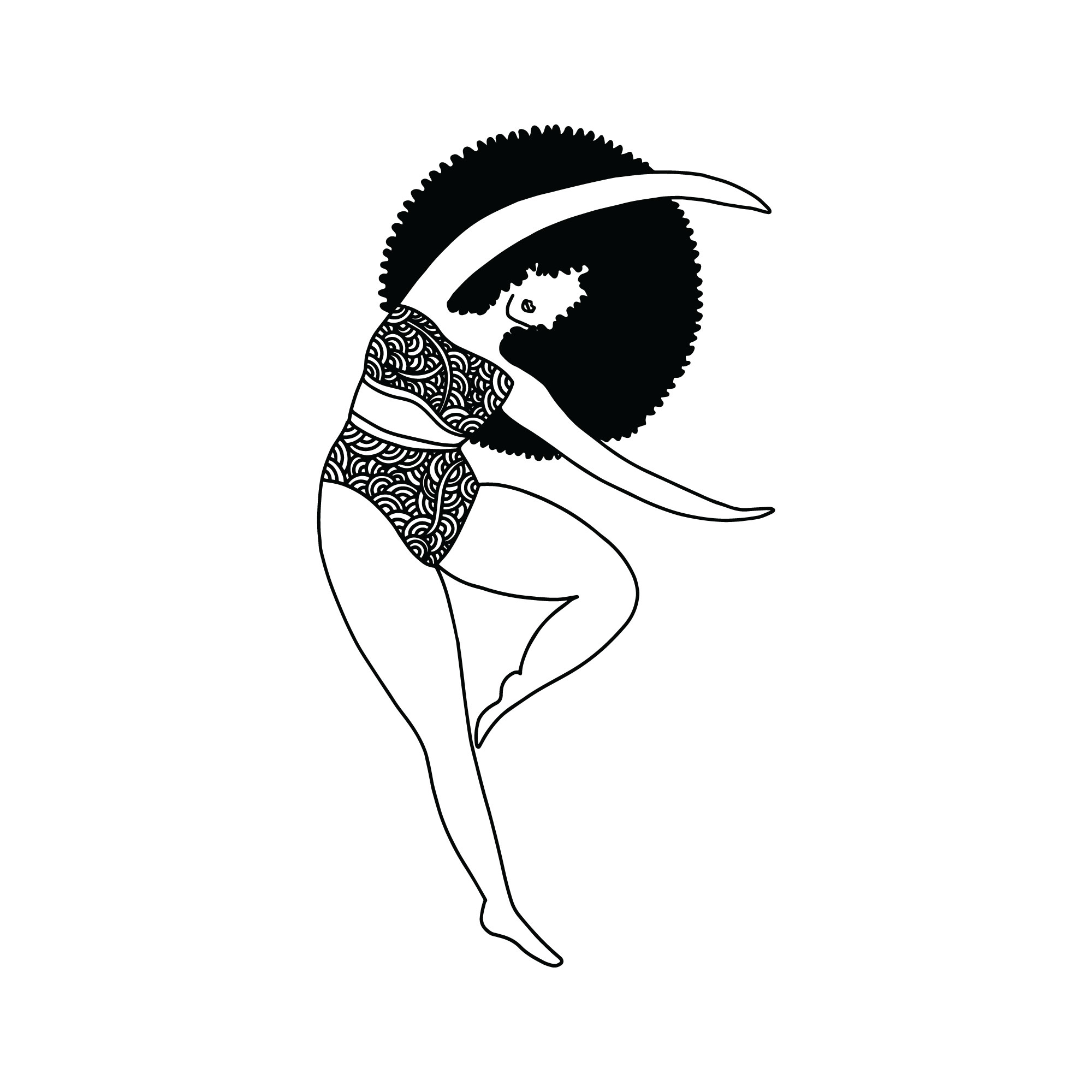 black and white illustration of a black woman with an afro hair dancing